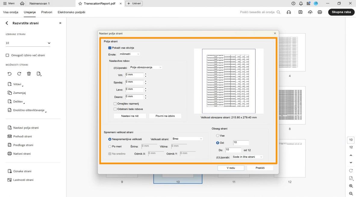 Pogovorno okno Nastavi okvire strani prikazuje različne nastavitve obrezovanja strani, kot so Okviri strani, Spremeni velikost strani in Obseg strani.