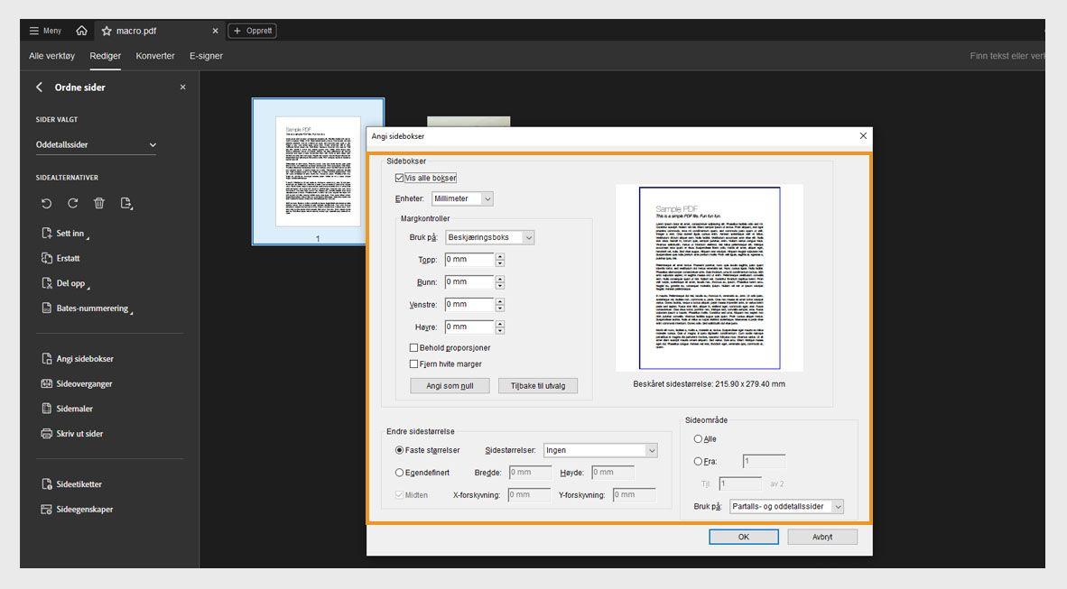 Dialogboksen Angi sidebokser viser ulike innstillinger for sidebeskjæring som Sidebokser, Endre sidestørrelse og Sideområde.