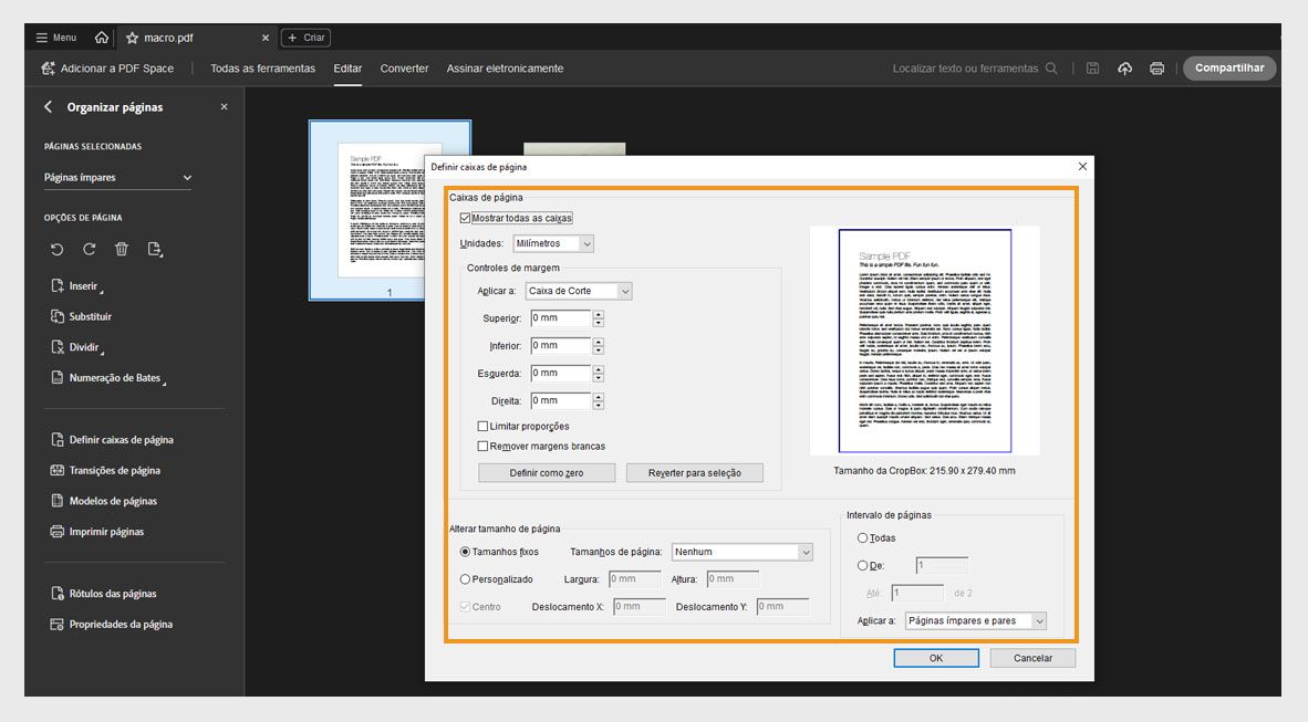 A caixa de diálogo Definir caixas de página exibe várias configurações de recorte de página, como Caixas de página, Alterar tamanho da página e Intervalo de páginas.