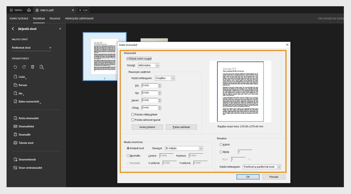 Määritä sivuruudut -valintaikkuna näyttää erilaisia sivun rajausasetuksia, kuten Sivuruudut, Muuta sivun kokoa ja Sivualue.