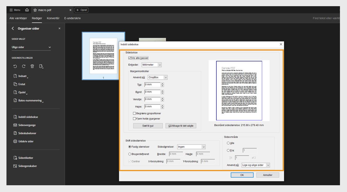 Dialogboksen Indstil sidebokse viser forskellige indstillinger for beskæring af sider såsom Sidebokse, Skift sidestørrelse og Sideområde.