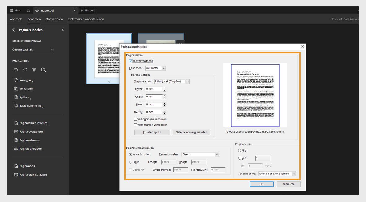 Het dialoogvenster Paginakaders instellen toont verschillende instellingen voor het uitsnijden van pagina's, zoals Paginakaders, Paginaformaat wijzigen en Paginabereik.