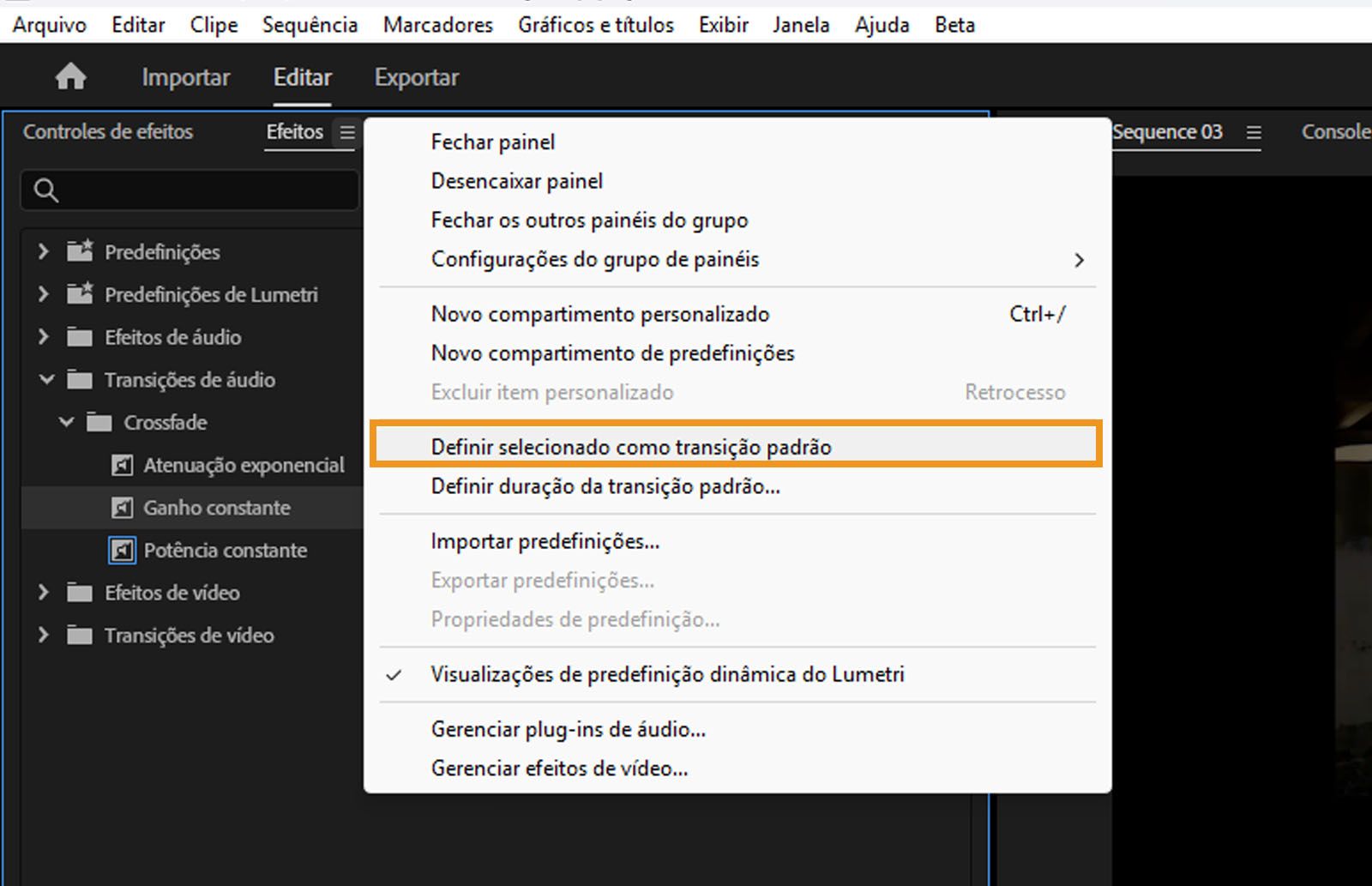 O painel Efeitos é aberto e a opção “Definir selecionado como transição padrão” é destacada para aplicar a transição padrão.