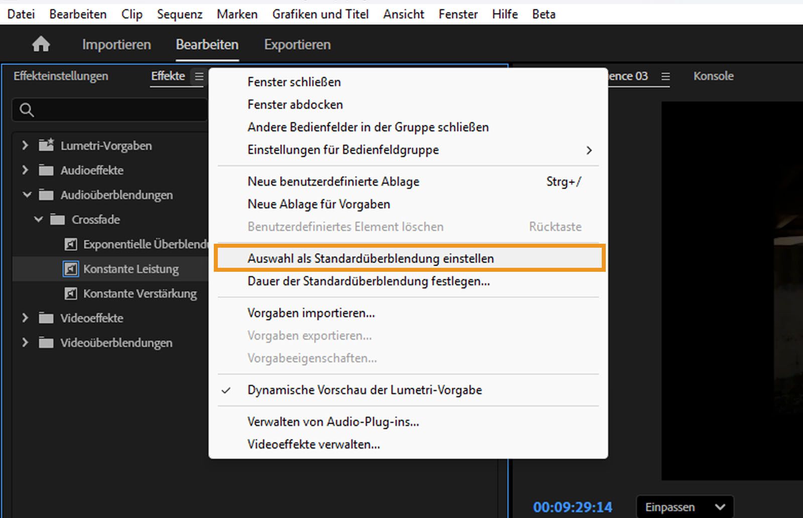 Das Bedienfeld „Effekte“ ist geöffnet und die Option „Auswahl als Standardüberblendung festlegen“ ist hervorgehoben, mit der die Standardüberblendung angewendet wird.
