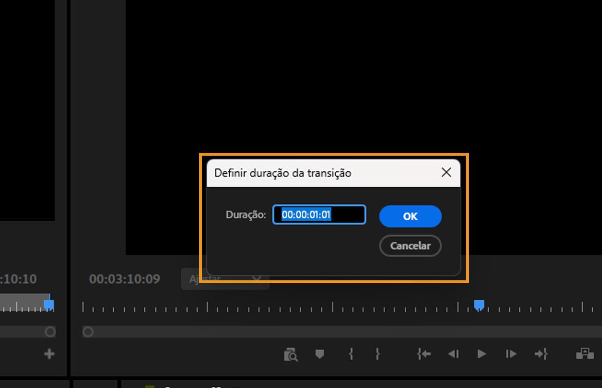 A transição é clicada duas vezes na linha do tempo para abrir a caixa de diálogo “Definir duração da transição”. Há uma opção para adicionar um valor para o campo Duração.