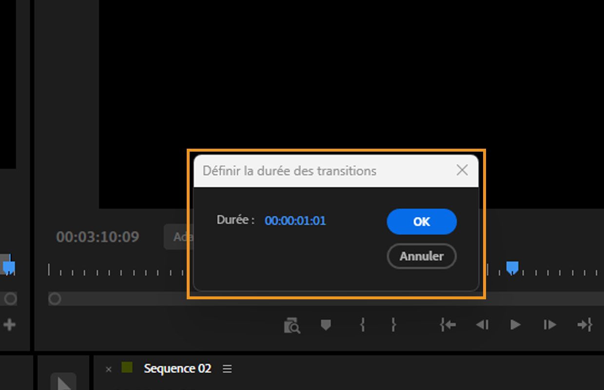 Double clic sur la transition dans le montage et la boîte de dialogue Définir la durée de la transition est lancée.Il existe une option pour ajouter une valeur dans le champ Durée.