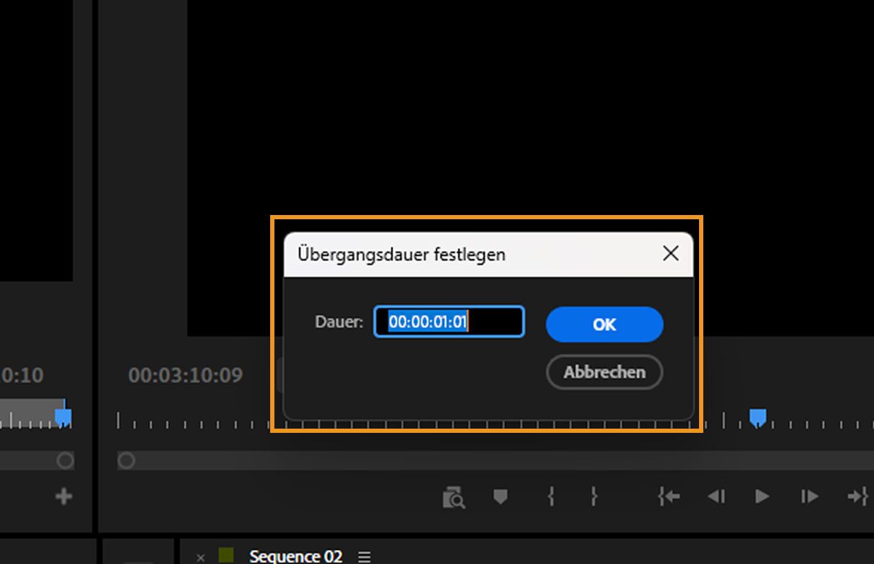 Ein Doppelklick auf die Überblendung im Schnittfenster öffnet das Dialogfeld „Übergangsdauer festlegen“.Es gibt eine Option, um einen Wert für das Feld „Dauer“ hinzuzufügen.
