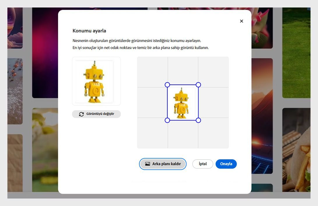 Konumu ayarla paneli açılır ve yüklenen bir nesne bulunur. Nesne bir robottur ve şu anda yeniden boyutlandırmak ve yeniden konumlandırmak için seçilidir.