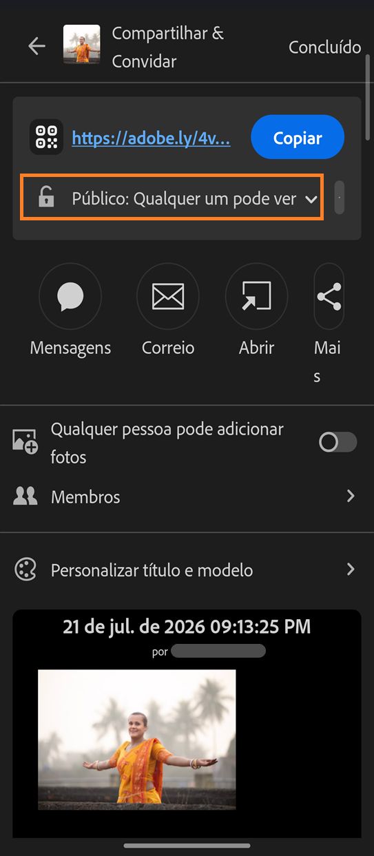 O painel Compartilhar e convidar mostrando opções de compartilhamento de álbum com o recurso Acesso por link definido como Público: Qualquer pessoa pode visualizar destacado.