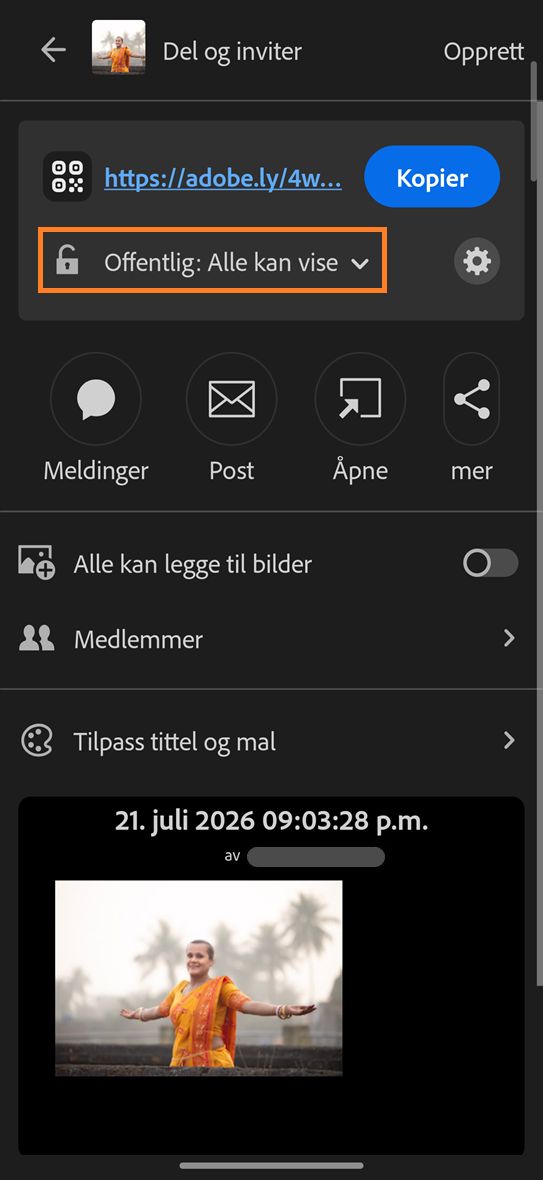 Share & Invite-panelet viser alternativer for albumdeling med Link Access-funksjonen satt til Felles: Alle kan vise uthevet.