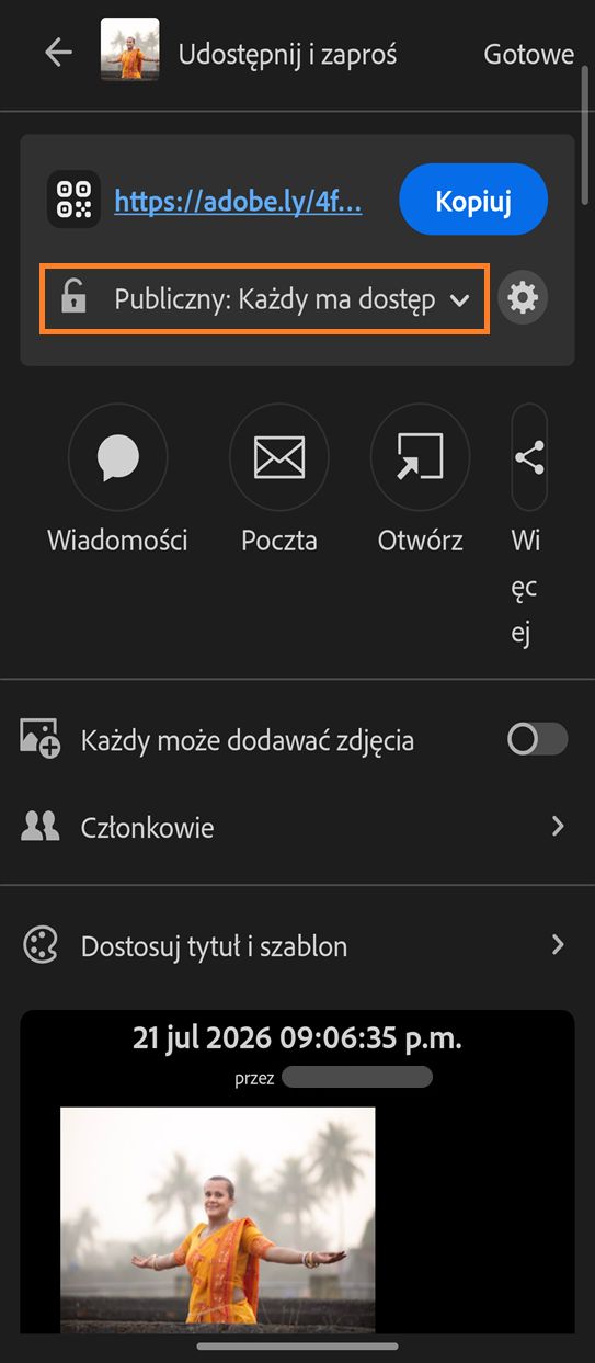 Panel Udostępnij i zaproś z opcjami udostępniania albumu i funkcją Dostęp do łącza ustawioną na Publiczny: każdy może wyświetlić podświetlony.