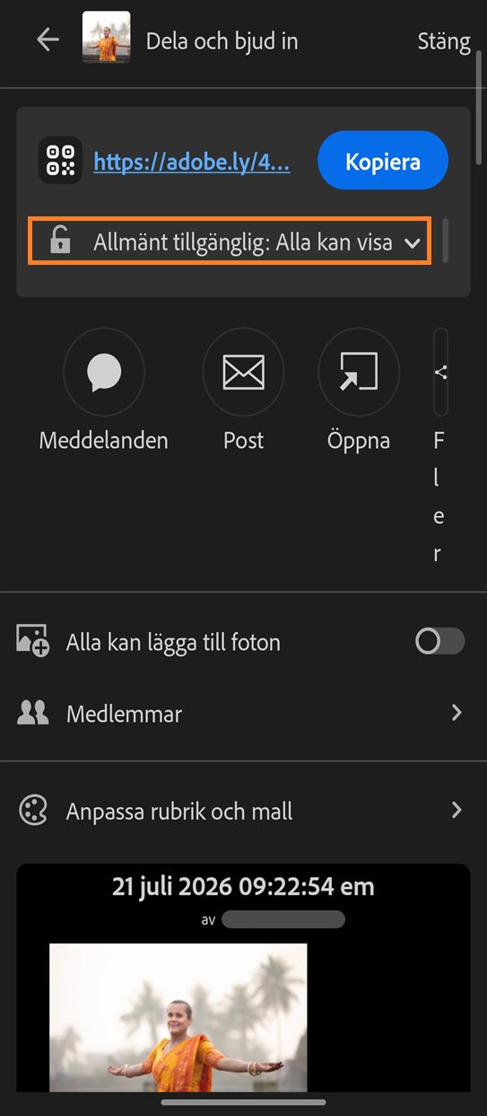 Panelen Dela och bjud in som visar alternativ för albumdelning med funktionen Länkåtkomst inställd på Offentlig: Alla kan visa markerade.