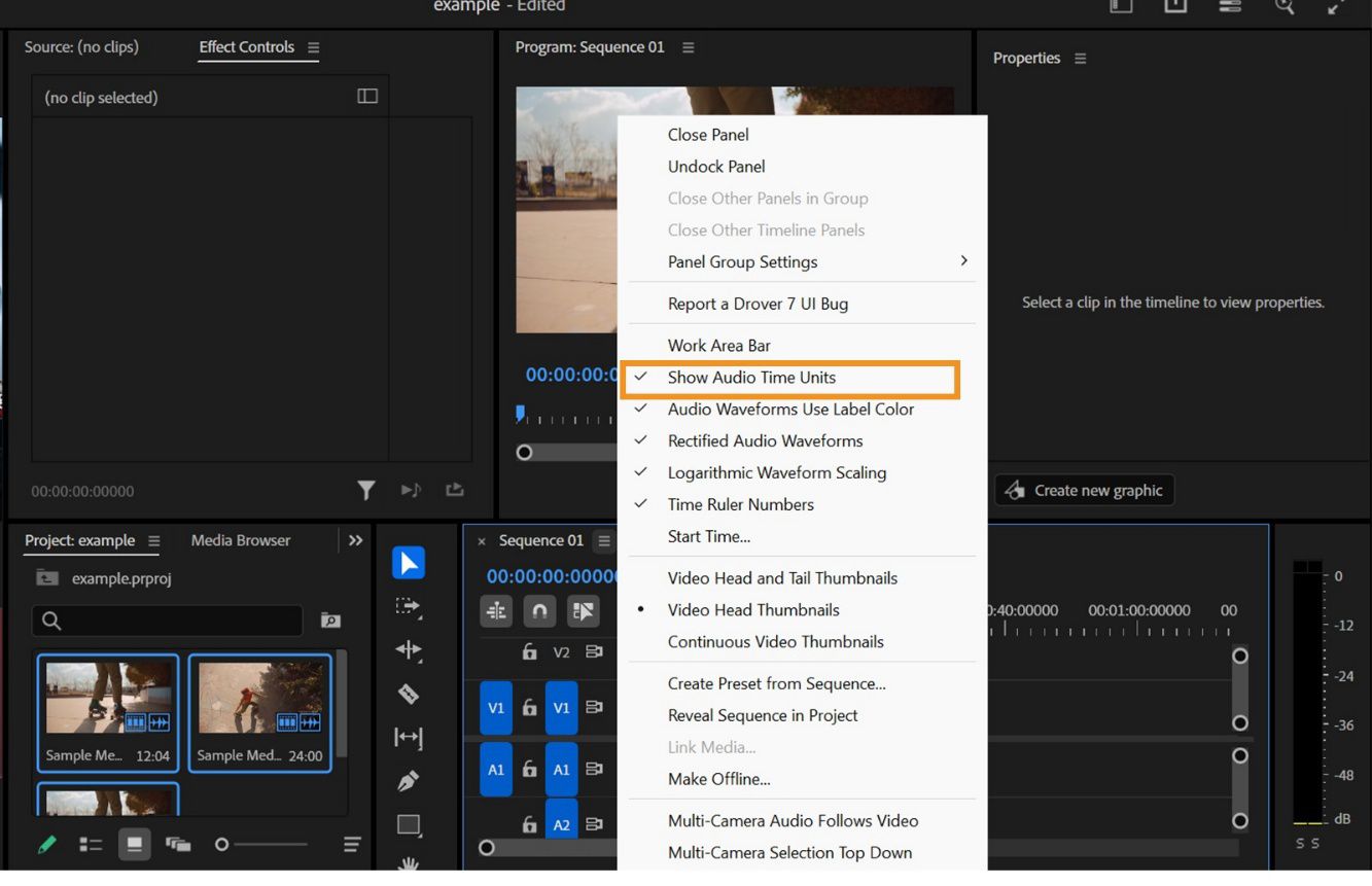 L'opzione Mostra unità di tempo audio è aperta ed evidenziata nel menu del pannello Timeline.