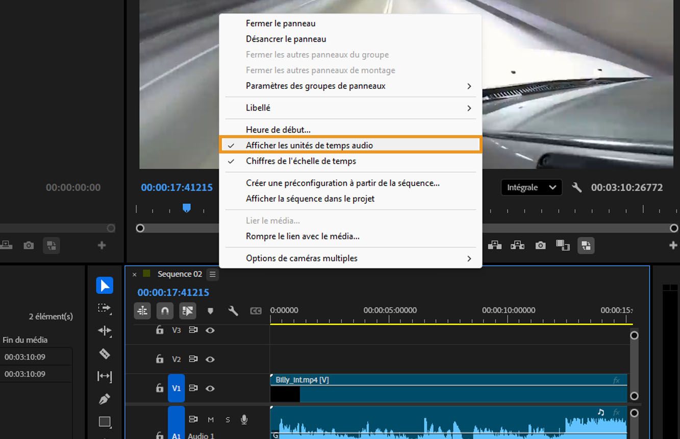 L’option Afficher les unités de temps audio est ouverte et mise en surbrillance dans le menu du panneau Montage.