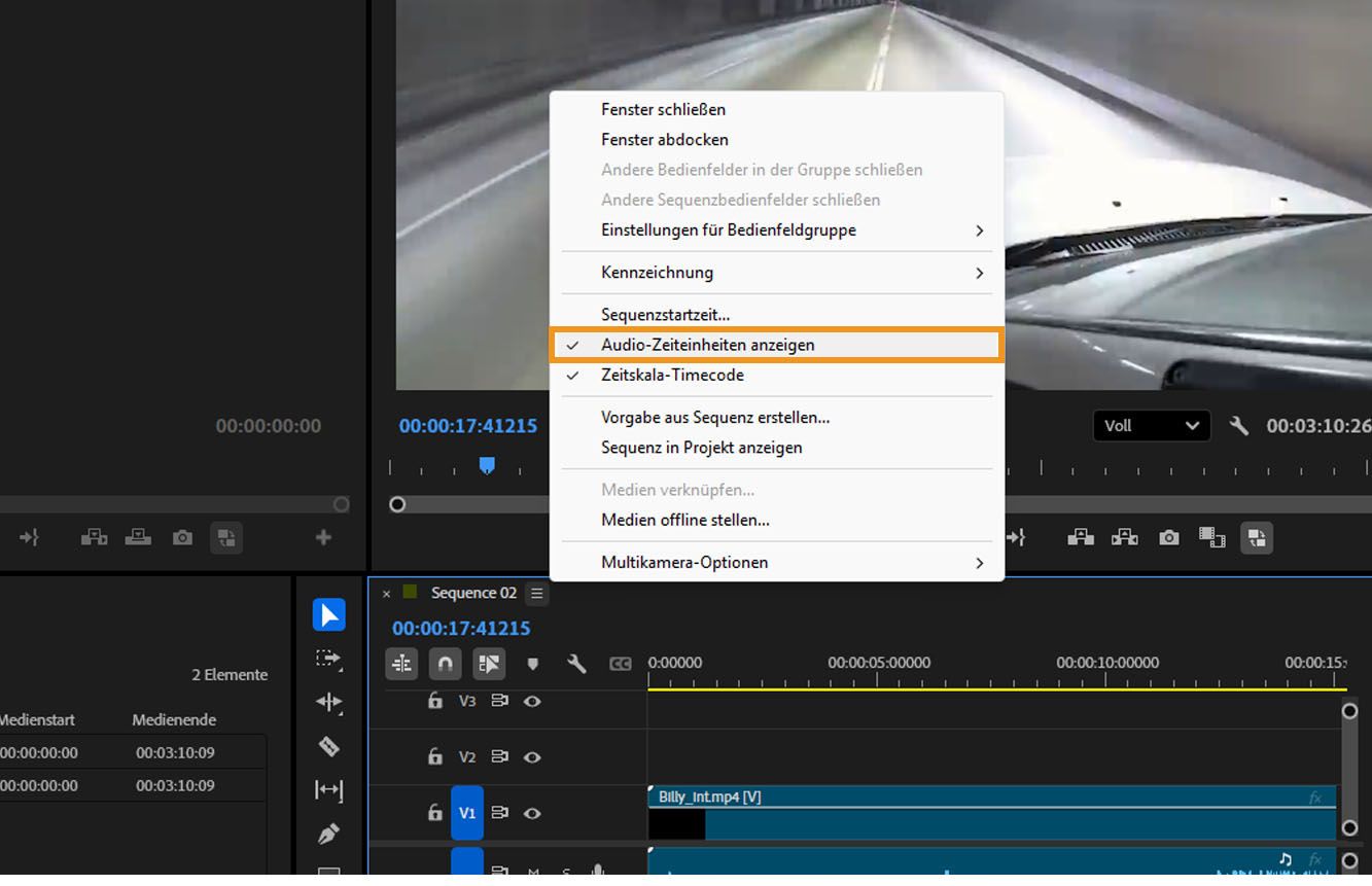 Die Option „Audio-Zeiteinheiten anzeigen“ ist geöffnet und im Menü des Schnittfensters hervorgehoben.