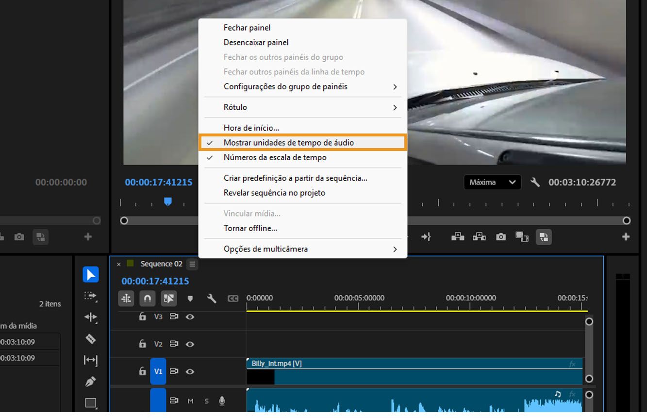 A opção Mostrar unidades de tempo de áudio está aberta e destacada no menu do painel Linha do tempo.