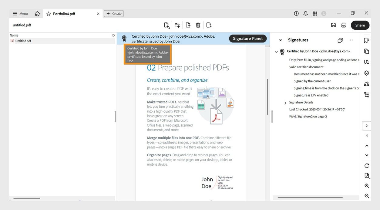 Значок підпису в PDF-портфоліо відображає ім’я, організацію та ідентифікатор електронної пошти видавця сертифіката. 