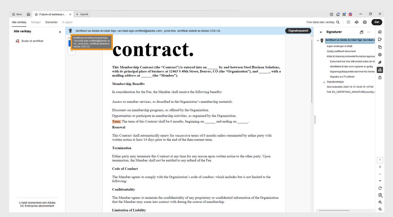 Signaturmerket i en PDF-portofolio viser sertifikatutsteders navn, organisasjon og e-post-ID. 