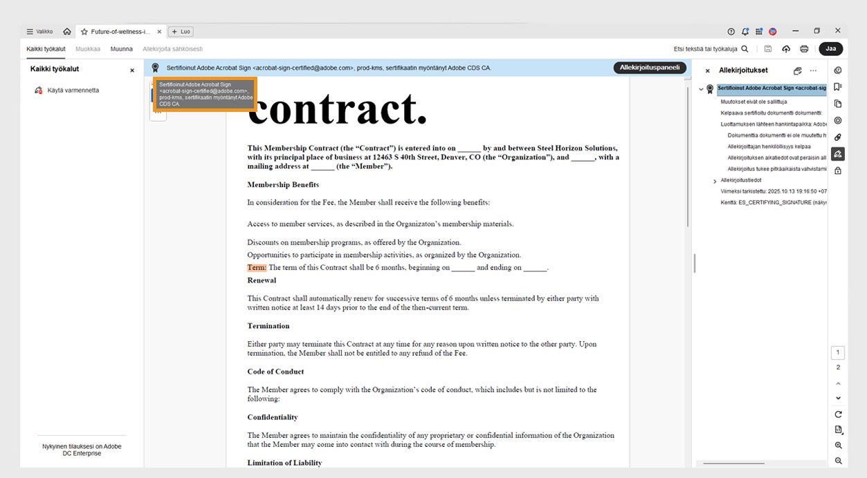 PDF-portfolion allekirjoitusmerkki näyttää varmenteen myöntäjän nimen, organisaation ja sähköpostitunnuksen. 