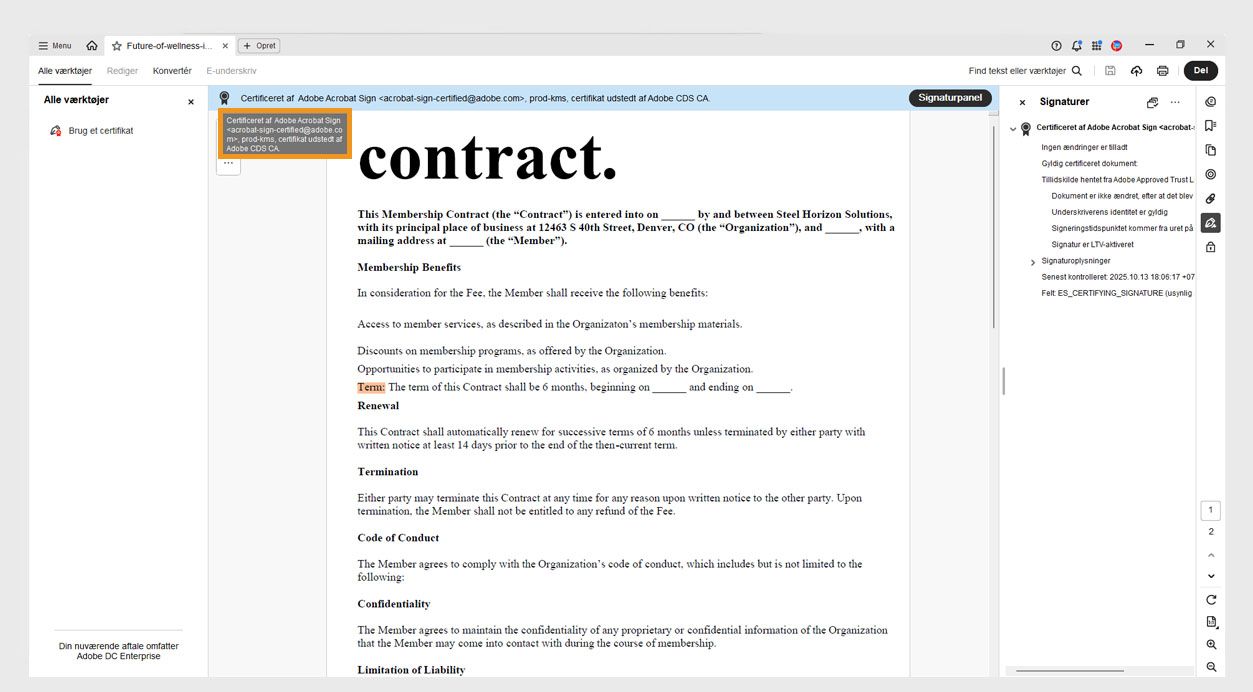 Signaturmærket i en PDF-portefølje viser certifikatudstederens navn, organisation og e-mail-id. 