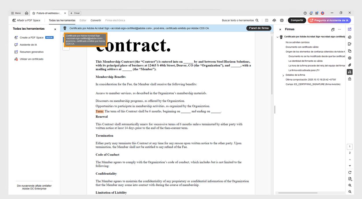 La insignia de firma en un portafolio de archivos PDF muestra el nombre del emisor del certificado, la organización y el correo electrónico. 