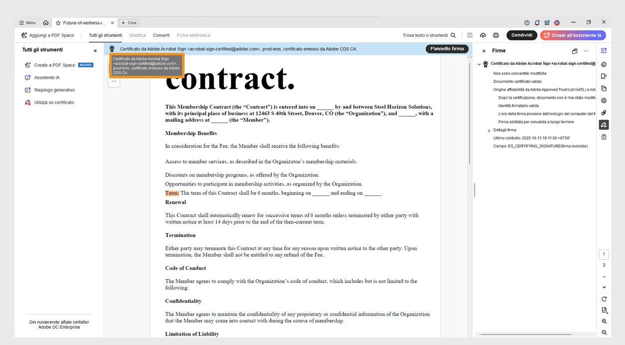 Il Badge della firma in un portfolio PDF mostra il nome dell’emittente del certificato, l’organizzazione e l’indirizzo e-mail. 