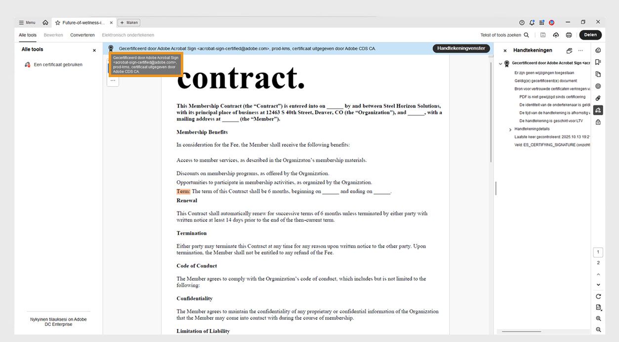 De handtekeningbadge in een PDF-portfolio toont de naam, organisatie en het e-mailadres van de certificaatuitgever. 