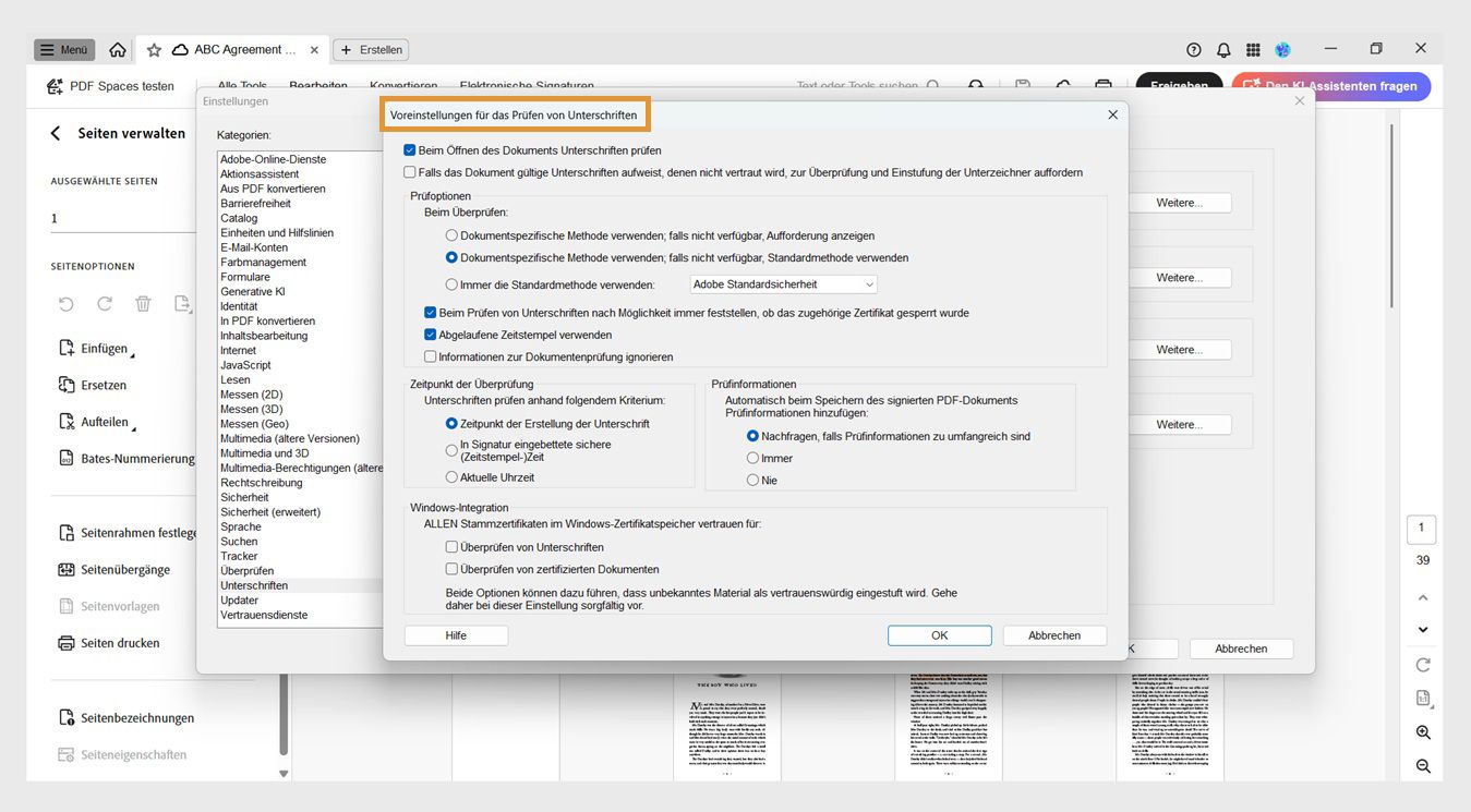 Das Dialogfeld für Signaturüberprüfungseinstellungen zeigt Optionen zur Anpassung der Signaturüberprüfungseinstellungen an.