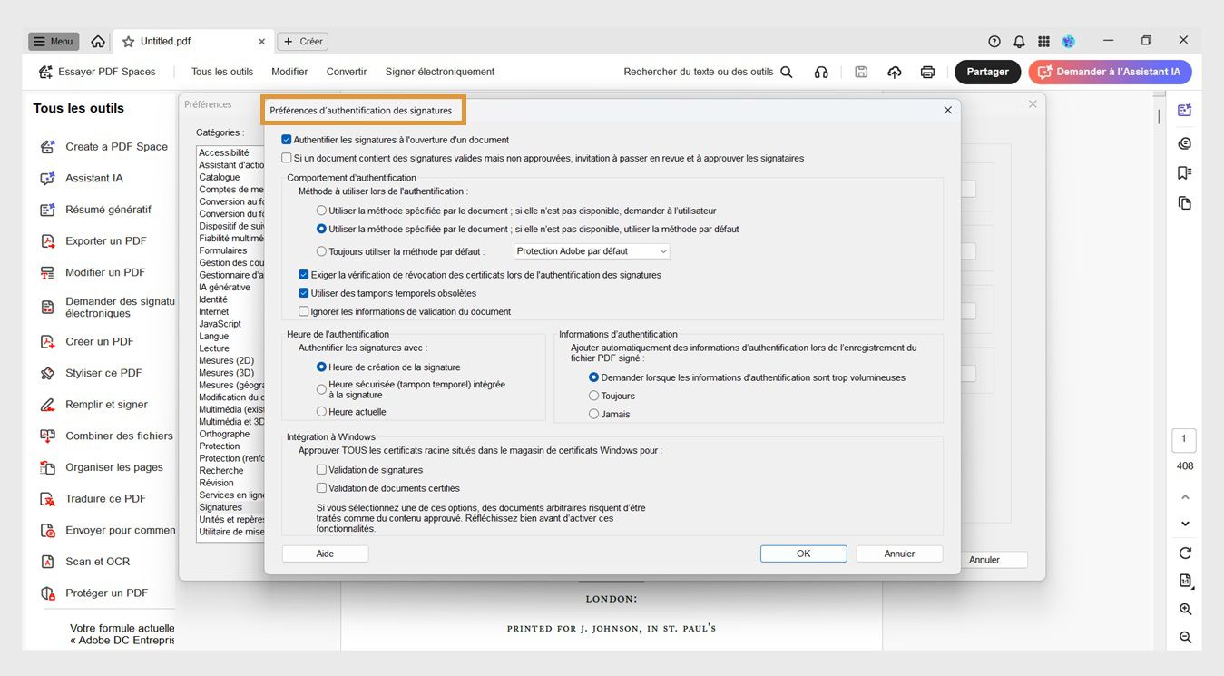 La boîte de dialogue Préférences d’authentification des signatures affiche des options pour personnaliser les paramètres de vérification des signatures.