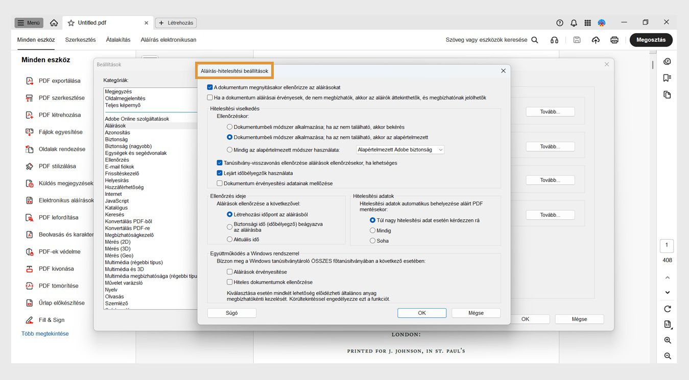 Az Aláírás-ellenőrzési beállítások párbeszédpanel az aláírás-ellenőrzési beállítások testreszabására szolgáló opciókat jeleníti meg.