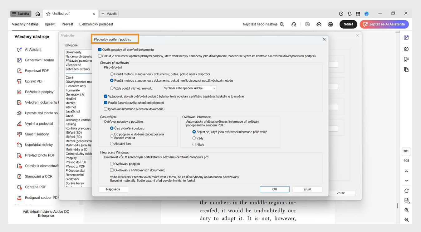 Dialogové okno Předvolby ověřování podpisů zobrazuje možnosti pro přizpůsobení nastavení ověřování podpisů.