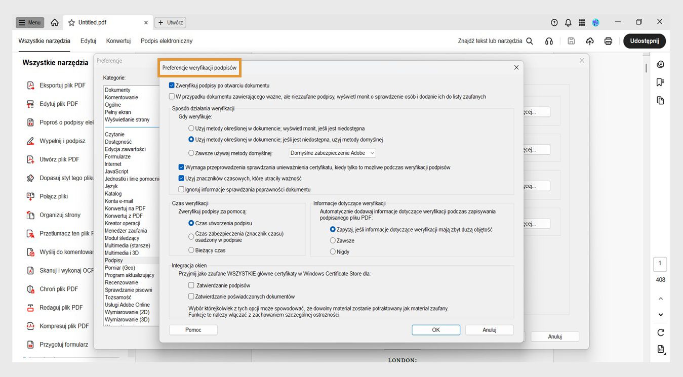 Okno dialogowe Preferencje weryfikacji podpisu wyświetla opcje dostosowywania ustawień weryfikacji podpisu.