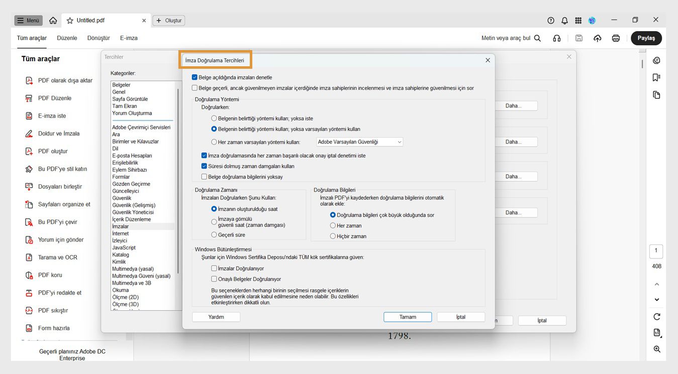 İmza Doğrulama Tercihleri iletişim kutusu, imza doğrulama ayarlarını özelleştirmek için seçenekler gösterir.
