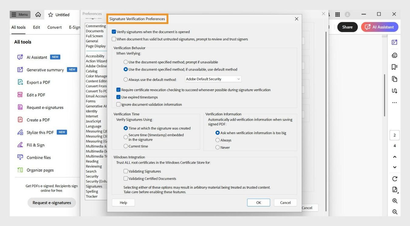 Ipinapakita ng dialog box ng Signature Verification Preferences ang mga opsyon para i-customize ang mga setting ng pag-verify ng lagda.