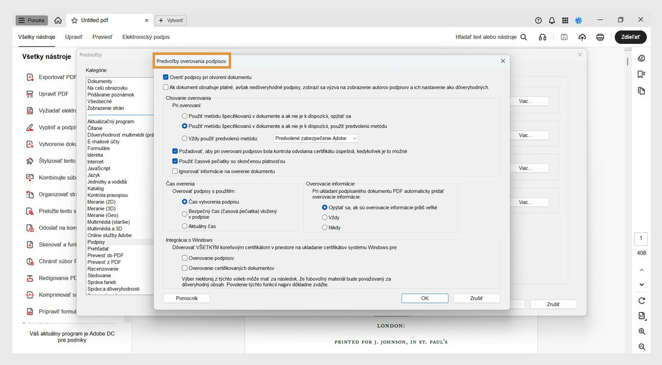 Dialógové okno Preferencie overenia podpisu zobrazuje možnosti na prispôsobenie nastavení overenia podpisu.