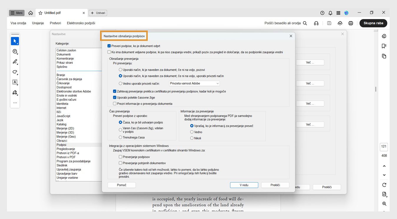Pogovorno okno Nastavitve preverjanja podpisa prikazuje možnosti za prilagajanje nastavitev preverjanja podpisa.