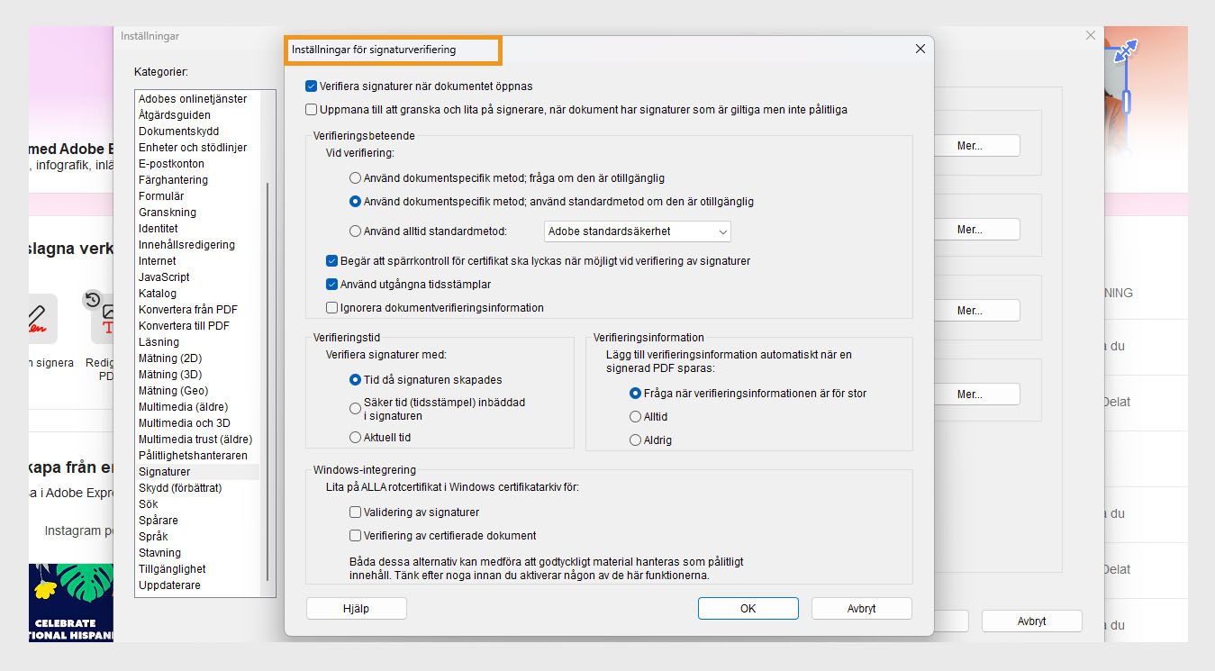 Dialogrutan för inställningar för signaturverifiering visar alternativ för att anpassa inställningarna för signaturverifiering.