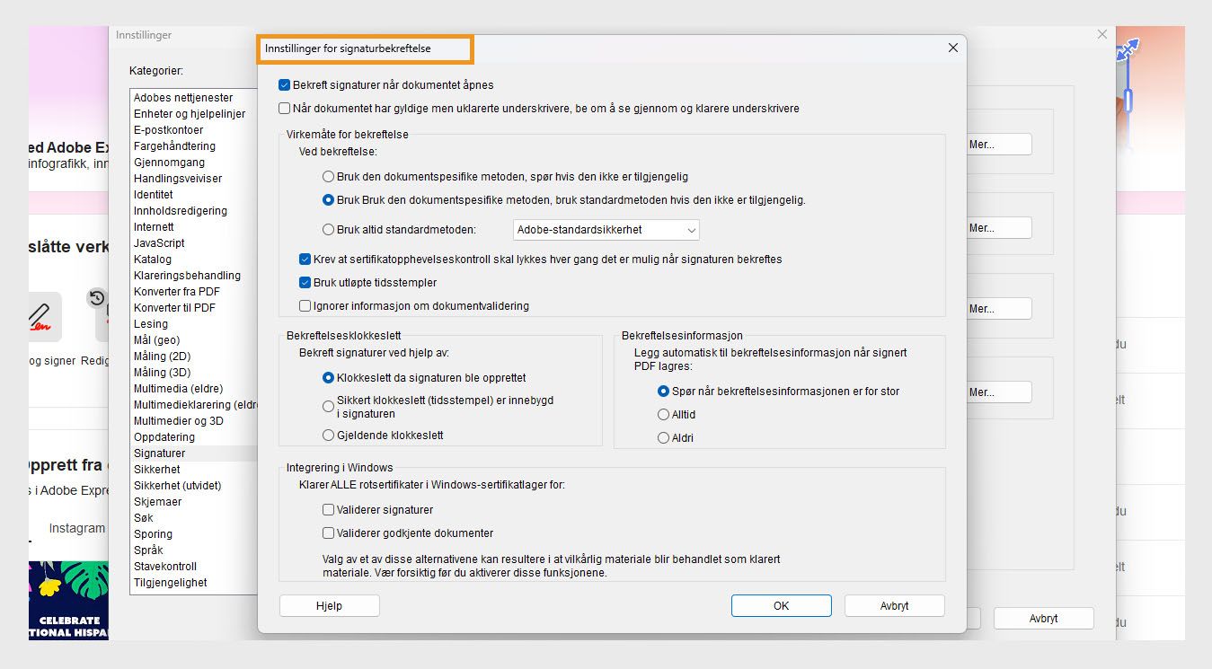 Dialogboksen for innstillinger for signaturverifisering viser alternativer for å tilpasse innstillingene for signaturverifisering.