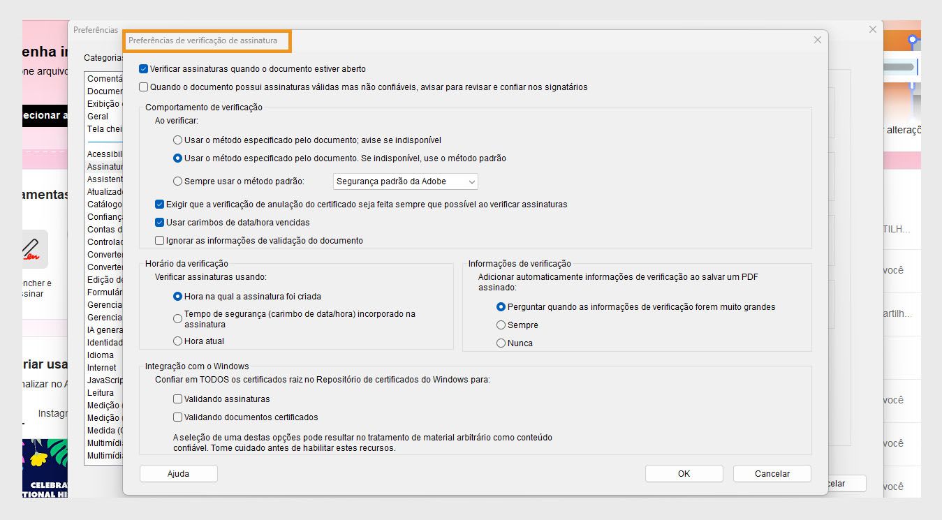 A caixa de diálogo Preferências de verificação de assinatura exibe opções para personalizar as configurações de verificação de assinatura.