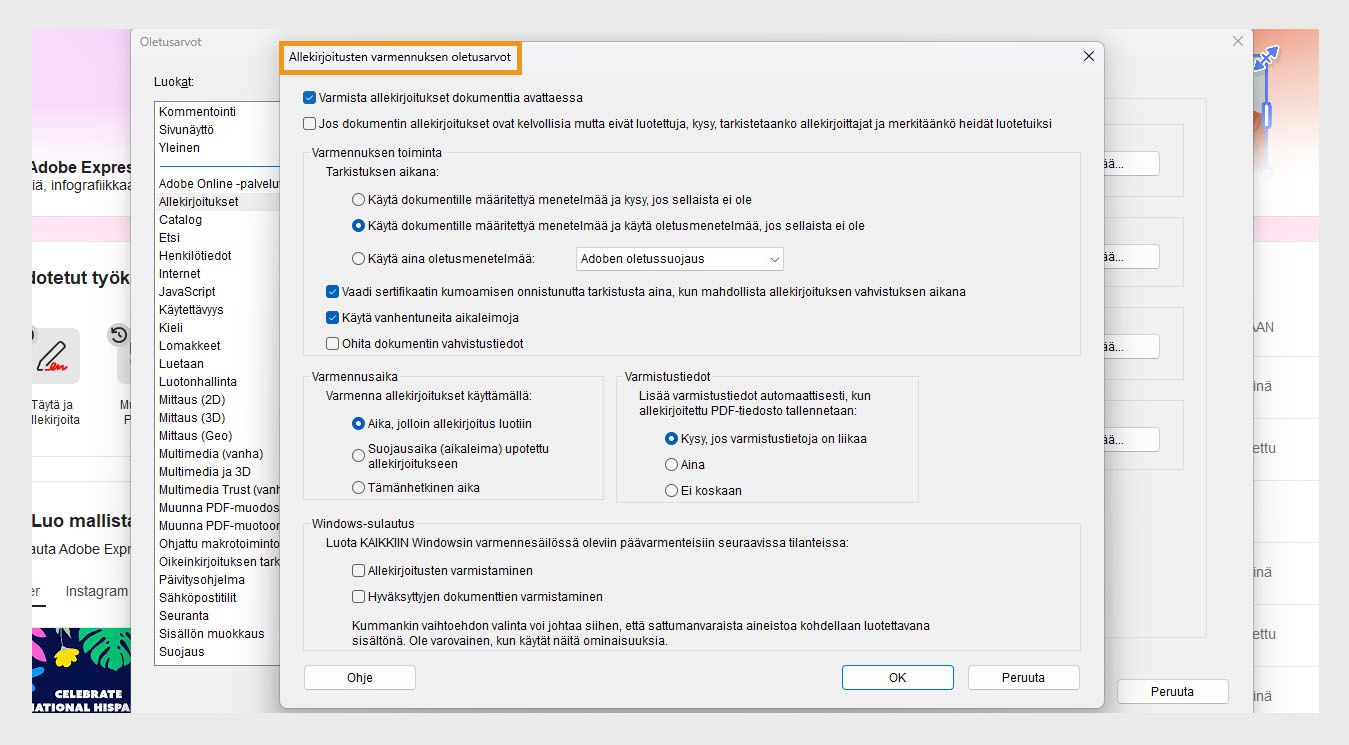 Allekirjoituksen vahvistamisasetusten valintaikkunassa näkyy vaihtoehtoja allekirjoituksen vahvistamisasetusten mukauttamiseen.