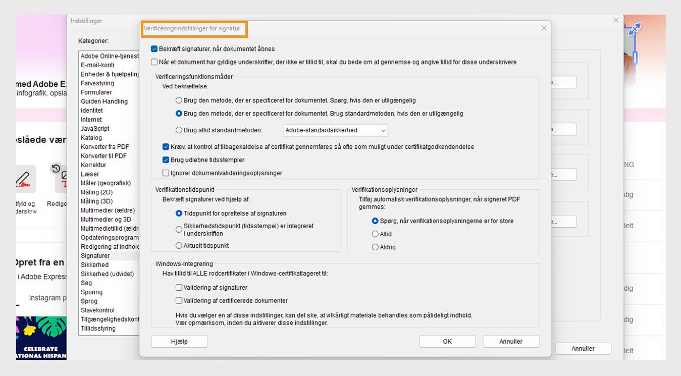 Dialogboksen Præferencer for signaturverifikation viser indstillinger til at tilpasse indstillinger for signaturverifikation.