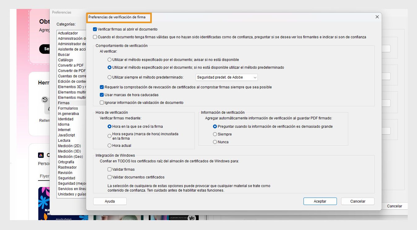 El cuadro de diálogo Preferencias de verificación de firmas muestra opciones para personalizar la configuración de verificación de firmas.