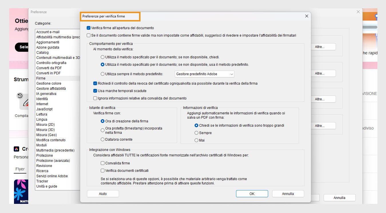 La finestra di dialogo Preferenze di verifica firma mostra le opzioni per personalizzare le impostazioni di verifica della firma.