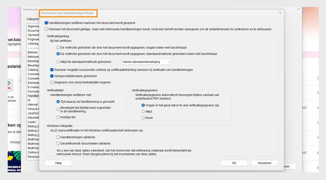 In het dialoogvenster Voorkeuren voor handtekeningverificatie worden opties weergegeven waarmee u de instellingen voor handtekeningverificatie kunt aanpassen.