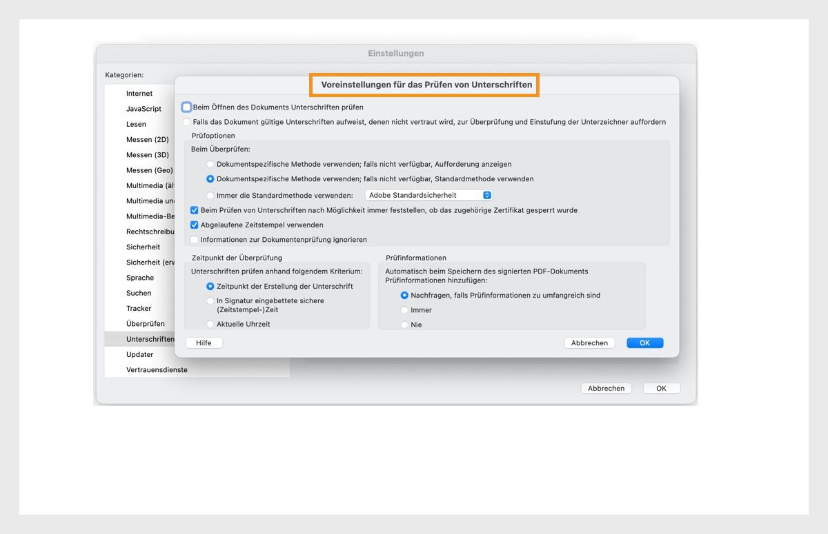 Das Dialogfeld für Signaturüberprüfungseinstellungen zeigt Optionen zur Anpassung der Signaturüberprüfungseinstellungen an.