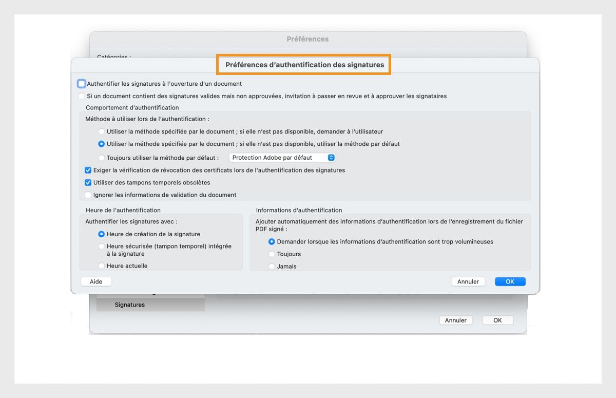 La boîte de dialogue Préférences d’authentification des signatures affiche des options pour personnaliser les paramètres de vérification des signatures.