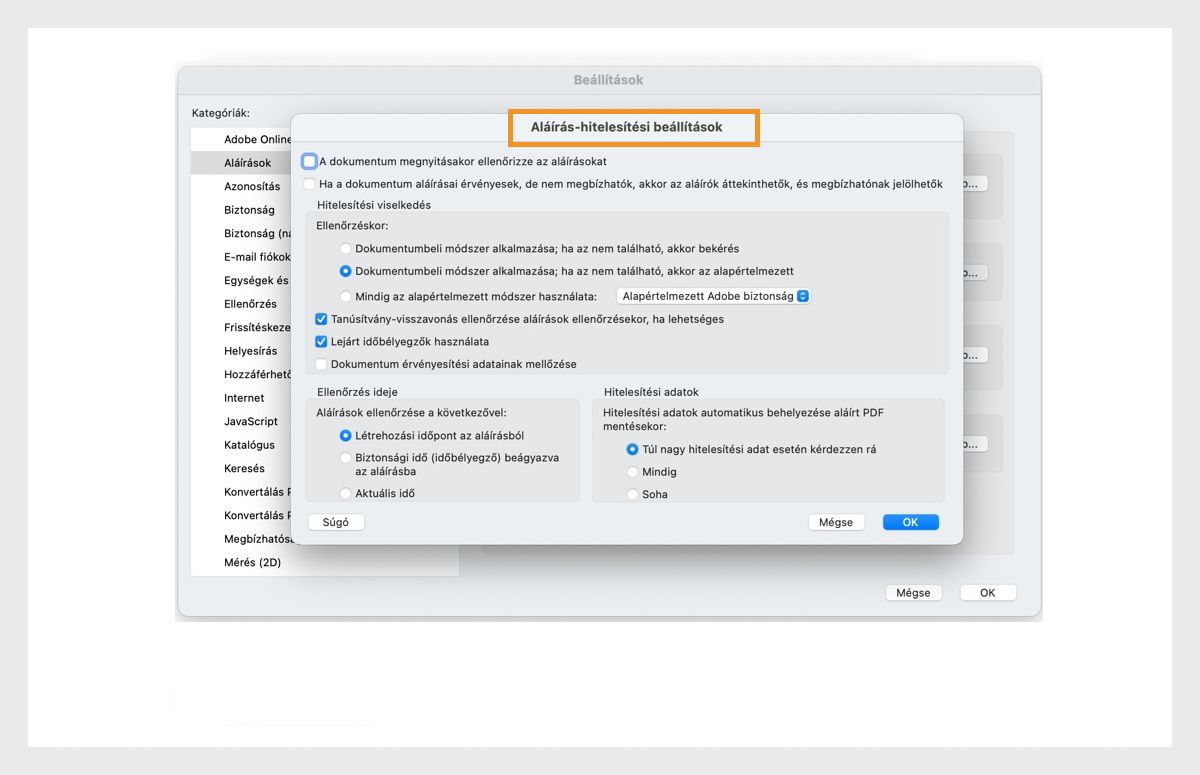 Az Aláírás-ellenőrzési beállítások párbeszédpanel az aláírás-ellenőrzési beállítások testreszabására szolgáló opciókat jeleníti meg.