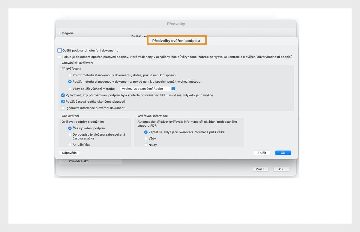 Dialogové okno Předvolby ověřování podpisů zobrazuje možnosti pro přizpůsobení nastavení ověřování podpisů.