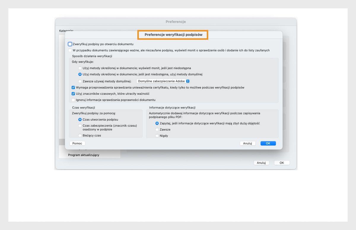 Okno dialogowe Preferencje weryfikacji podpisu wyświetla opcje dostosowywania ustawień weryfikacji podpisu.