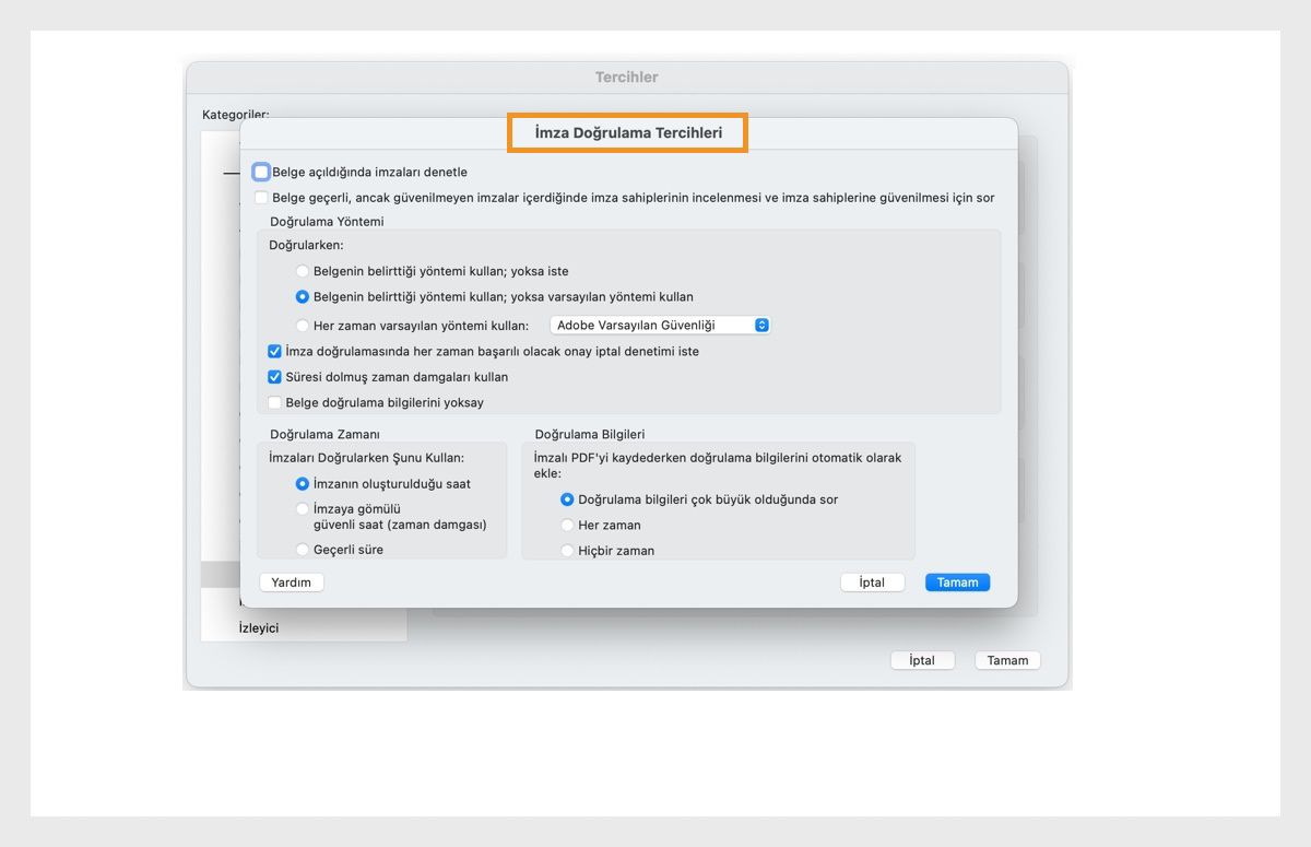 İmza Doğrulama Tercihleri iletişim kutusu, imza doğrulama ayarlarını özelleştirmek için seçenekler gösterir.